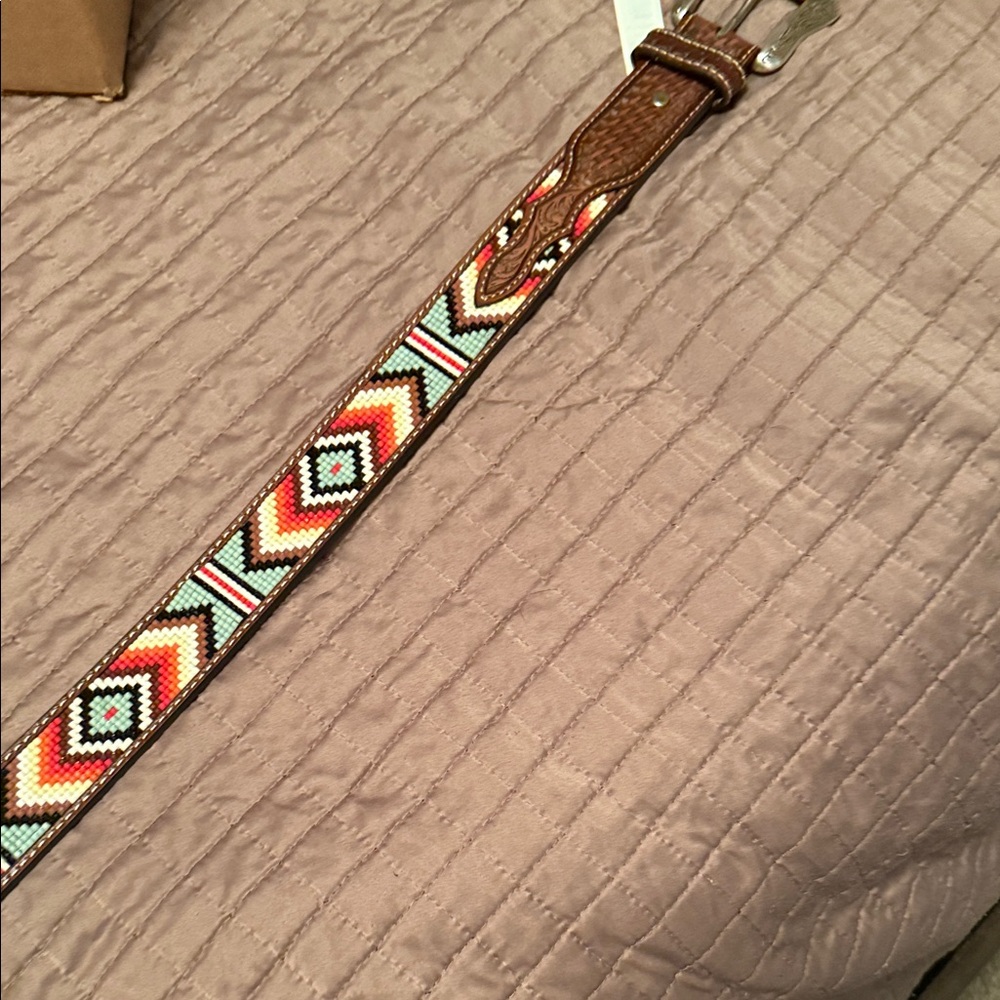 Beaded Leather Belt with Geometric Pattern